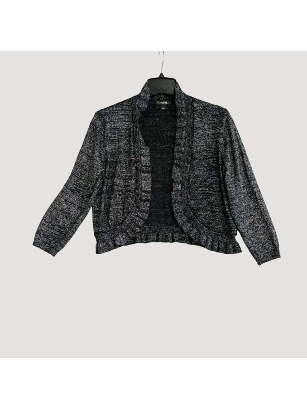 Roz & Ali Women's L Metallic Black Open Front Ruffle Crop Cardigan Sweater P0117